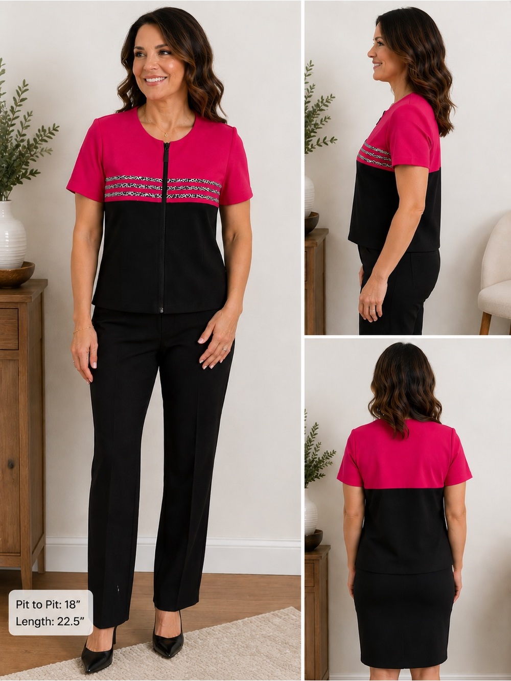 Positive Attitude Petite S Pink Black Leopard Zip Front Colorblock Top Jacket